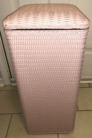 Vintage Cottage Shabby Chic Pink Wicker Clothes Hamper Guc 26” Tall