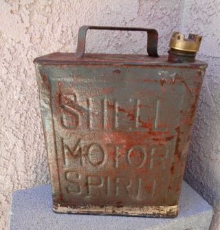 Rare Vintage 2 Gallon " Shell Motor Spirts " Gas Can W/ Shell Brass Cap