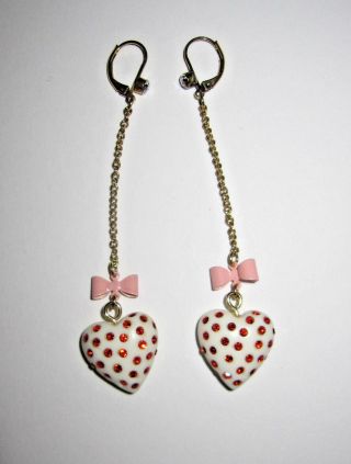 Betsey Johnson Vintage Rare White Heart With Orange Bling And Pink Bow Earrings