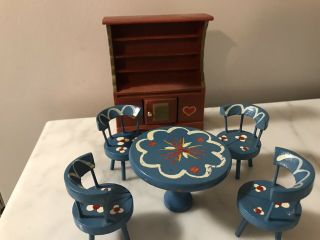 Vintage Wooden Doll House Furniture Painted Table And Chairs With Hutch