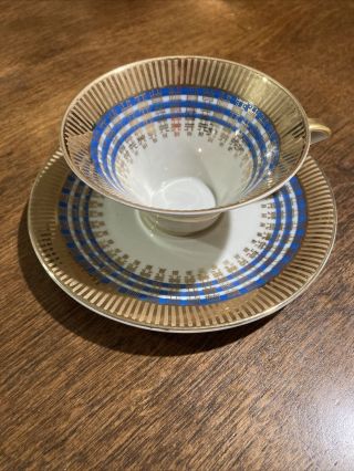 Vintage Gold And Bluechina Tea Cup And Saucer Bavaria 64 Germany Art Deco