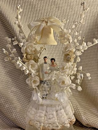 Vintage Mcm Bride & Groom Wedding Cake Topper Bell Flowers Lace 9”