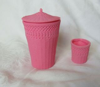 80s Pink Wicker Look Multi Toy Bathroom Trash Can Clothes Hamper Lid Fits Barbie