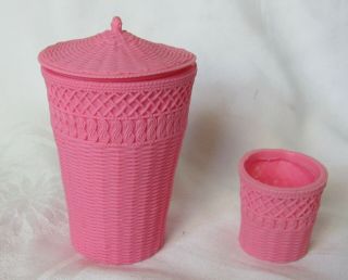 80s Pink Wicker Look Multi Toy Bathroom Trash Can Clothes Hamper Lid Fits Barbie 3