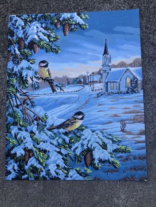 Vintage Paint By Numbers Winter Snow Scene Church Chappell Gold Finch Christmas