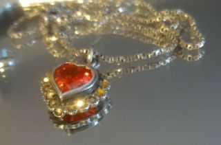 Antique Sterling Silver Heart Shaped Red Gemstone Pendant W/cz Border &925 Chain