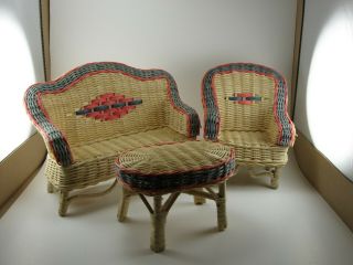Vintage Wicker Doll Chair Chaise Lounge/loveseat And Table Set Of 3,  Very Cool