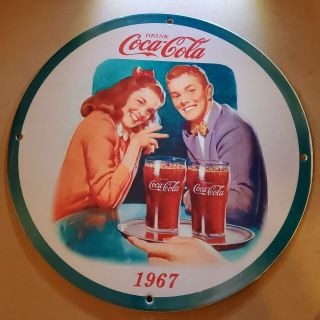 Vintage Porcelain 1967 Drink Coca Cola Soda Pop Man Cave Bar Garage Rare Sign