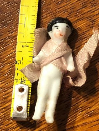 Vintage Tiny Miniature Porcelain Frozen Charlotte Doll 1 3/8” Tall W/bow A