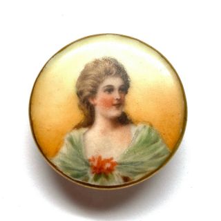 Antique Button Victorian Era Hand Painted Porcelain Stud W Lovely Lady