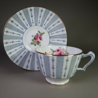 Vintage Crown Staffordshire Fine China England Tea Cup Saucer Pink Roses Blue