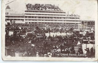 Grand Stand,  Epsom Downs,  Surrey - Rare 1912 Postcard - Crowd Scene