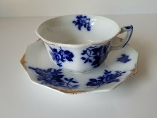 Antique Flow Blue Cup And Saucer In Grindley Gironde Pattern Gold