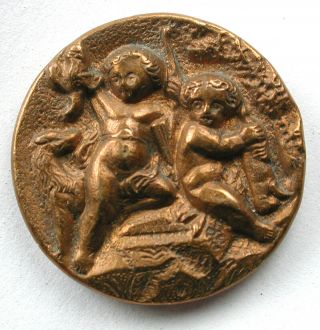 Antique Brass & Pewter Button Two Cherubs Hunting With Dog Design - 13/16 "