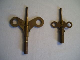 2 Antique/vintage Double Ended Brass Clock Keys 3 1/8 " & 2 1/3 " Length