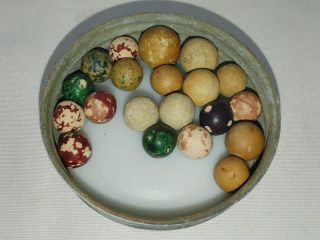 20 Vintage Antique Marbles Handmade Decorated Clay Green Blue Brown