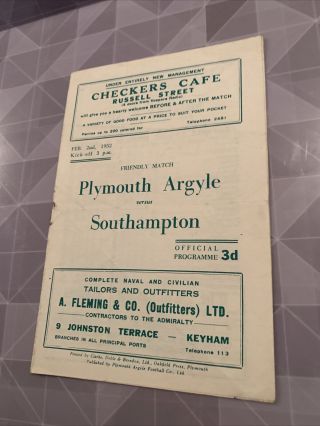 Plymouth Argyle V Southampton 2/2/1952 Rare Friendly Match