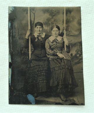 Antique Tin Type Photo,  Two Young Ladies On Swing