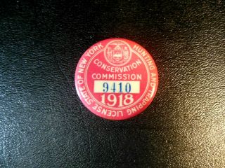 Vintage Rare 1918 York State Hunting Trapping License Pinback.  Minty Shiny