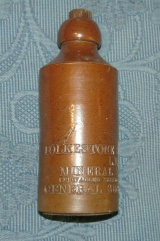 Antique Stoneware Bottle Folkestone & District Lv Mineral Water Ginger Beer
