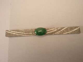 - Jade Green Stone Cabochon Silver Tone Vintage Tie Bar Clip Plain Simple Quality