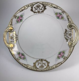 Antique Pre - 1921 7” Nippon Handpainted Pink Roses W/gold Moriage Handled Plate