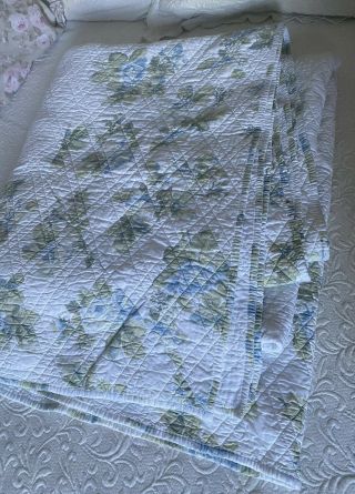 Rare Simply Shabby Chic Shadow Rose Quilt,  Blue,  Green & White Queen 100 Cotton