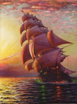 Ocean Sailing Ship & Red Sky Vintage Art Print Nautical 4 9 X 12