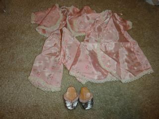 Vintage Doll Pajamas Set - Satin Robe,  Top,  Pants And Slippers For 12 - 14 Inch