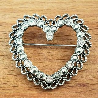 Vintage Heart Brooch Pin Pendant In Antique Silver Tone Metal & Rhinestones