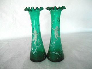 Pair 6 3/4 " Mary Gregory Teal Glass Bud Vases - Painted Angels - Ruffled Tops