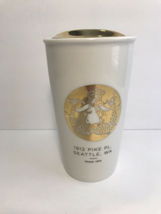 Starbucks White Ceramic Antiqued Gold Siren Mermaid Travel Mug Tumbler 12oz.
