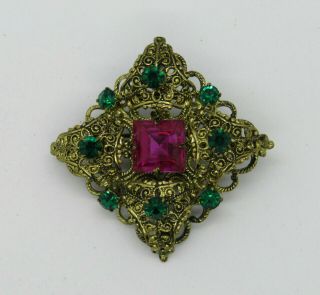 Vintage Brooch/pin Antique Gold Tone With Emerald Green And Hot Pink Rhinestones