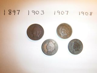 Four Rare Old Antique Us Indian Head Cents,  Penny Dates 1897,  1903,  1907,  1908