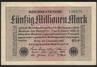 1923 50 Million Mark Germany Vintage Paper Money Banknote Currency Rare In Aunc