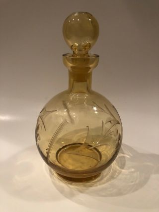 Vintage Bohemian Gold Amber Etch Crystal Glass Bottle Decanter & Stopper