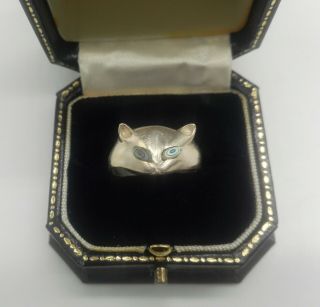 Cat Face Silver Ring With Gem Set Eyes Rare Vintage Jewellery Size R 1/2
