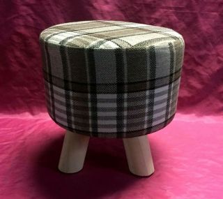 Vintage Round Foot Stool Wood & Padded Fabric Seat -
