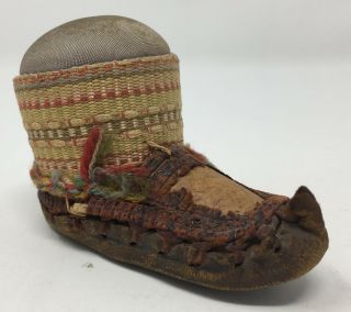 Antique Vintage Leather & Hand Woven Fabric Moccasin Pin Cushion
