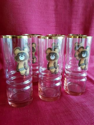 Ussr Vintage Rare Set Of 6 Collectable Glasses 1980 Olympic Games Misha