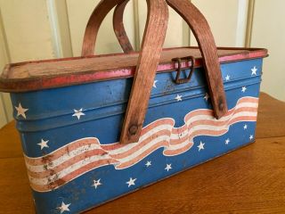 Vintage Picnic Tin Red White Blue Patriotic Golden Cookies Watertown Mass Rare