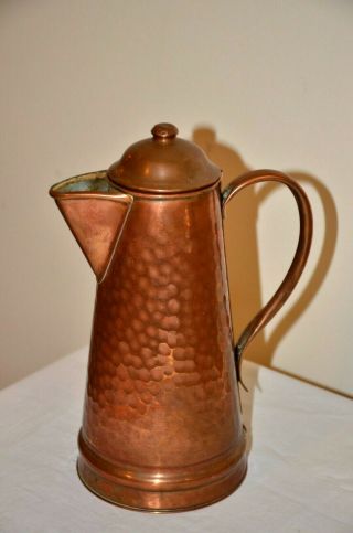 Vintage Hammered Copper Tin Pitcher Coffee Pot Water Jug Brass Handle Lidded 10 "