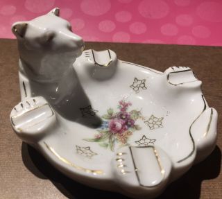 Vintage 1945 To 1952 Japan Polar Bear Ashtray White Porcelain Gold Trim Antique