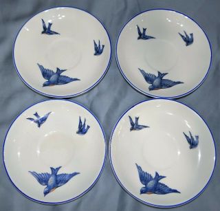 Set Of 4 Vtg Kt&k Hand Painted Bluebirds Saucers Blue Birds China