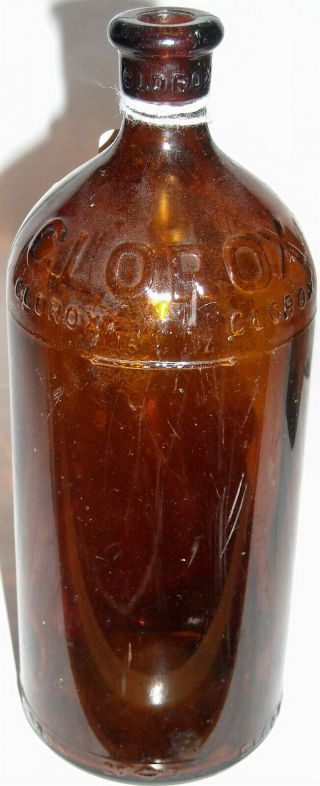 Vintage Embossed 16oz Pint Brown Glass Cork Style Clorox Bottle 1930 