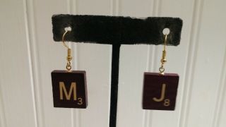 Gt Metal Letters J & M Wood Scrabble Tile Drop Dangle Wire Pierce Earrings