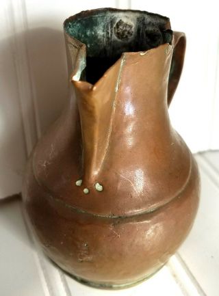 Antique Early Copper Primitive Pitcher Syrup Jug Creamer Hand Hammered Tear Drop