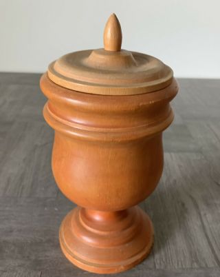 Vintage Antique Hand Turned Wood Cup Chalice With Lid 4 " Dia 8 " Tall Folk Art