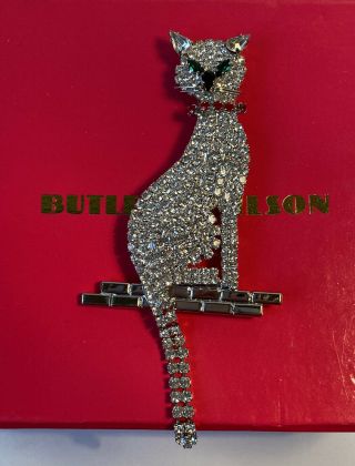 Rare Large Vintage Butler & Wilson (b&w) Signed Crystal Cat On Wall Brooch Pin