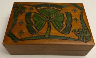Irish Shamrock Clover Hand - Carved Wood Box Hinged Trinket Jewelry Made In Poland